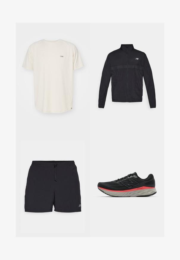 Juodas lengvas džemperis su aukštu apykakle, visiškai užtraukiamas užtrauktuku ir kontrastinga perforuota panelė krūtinės srityje. Kairėje pusėje matomas New Balance logotipas.; Kremo spalvos marškinėliai su apvalia iškirpte ir trumpomis rankovėmis. Kairėje krūtinės pusėje yra mažas pilkas logotipas. Minkšta tekstūra, laisvas kirpimas.; Juodos sportinės šortai, pagaminti iš lengvos medžiagos. Savybės: elastingas liemuo su raišteliu, šoninės kišenės ir nedidelis logotipo akcentas.; Juoda bėgimo batelis su tinklelio viršumi, akcentuotas rožiniu vidiniu padų juosta ir pilku padu. Yra tekstūruoti detalės ir lankstus pado dizainas.