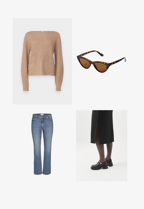 Beżowa parka ocieplana z kapturem, z poziomymi przeszyciami i bocznymi kieszeniami. Materiał ma gładką, miękką teksturę.; ONLY ONLFILIZ jasny brąz; Niebieskie dżinsy straight-leg z zamkiem błyskawicznym i guzikiem z przodu, z pętlami na pasek oraz przednimi i tylnymi kieszeniami.; Czarne skórzane buty z okrągłym noskiem, grubym blokowym obcasem i elastycznymi akcentami po bokach, zestawione z ciemnymi rajstopami i czarną spódnicą z rozcięciem.; Okulary przeciwsłoneczne w kształcie kocich oczu z czarno-pomarańczową oprawą w deseń żółwia, brązowymi soczewkami i eleganckimi, spiczastymi końcówkami. Posiadają minimalistyczne logo na zauszniku.