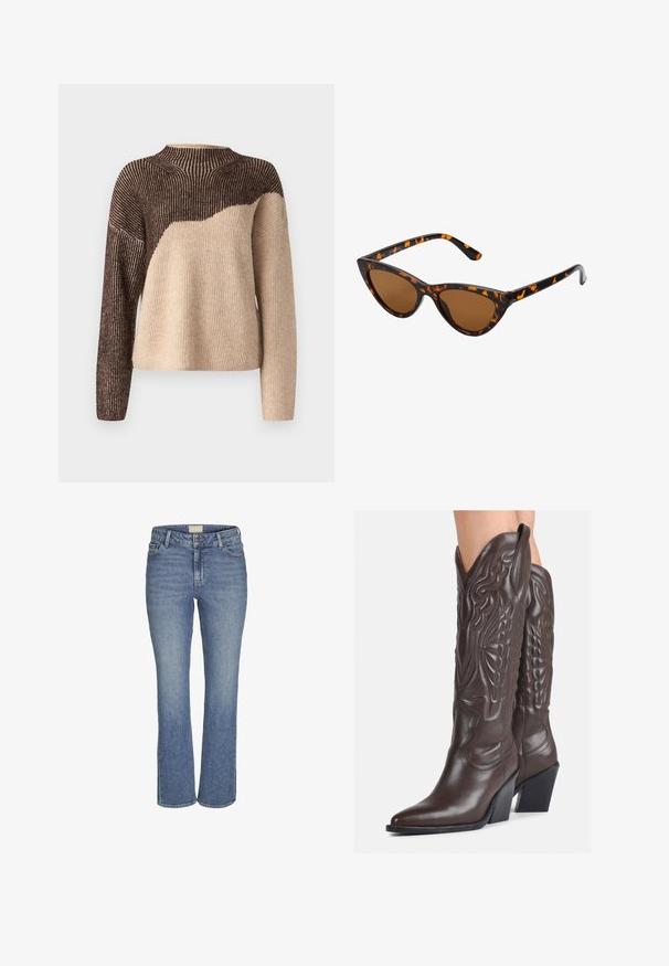 Padded beige parka with a hood, featuring horizontal stitching and side pockets. The fabric has a smooth, soft texture.; VILA VIKARLA - Jumper - brown/beige; Mid-blue straight-leg denim jeans with front button and zipper closure, belt loops, and front and back pockets.; Brown leather cowboy boots with pointed toe and block heel, featuring detailed stitching and raised accents on the shaft.; Cat-eye sunglasses with a black and orange tortoiseshell frame, brown lenses, and sleek, pointed tips. Features a minimal logo on the temple.