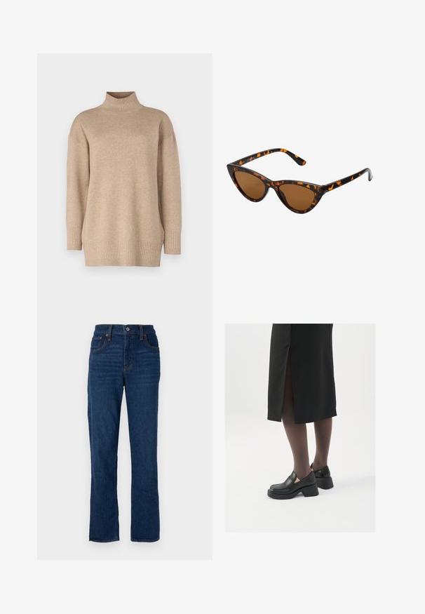 Padded beige parka with a hood, featuring horizontal stitching and side pockets. The fabric has a smooth, soft texture.; Beige turtleneck sweater made of soft knit fabric. Features ribbed cuffs and hem, with a relaxed fit and dropped shoulders for added comfort.; Dark blue denim straight-leg jeans with a five-pocket design, orange stitching, and a button closure at the waistband.; Black leather shoes with a rounded toe, thick block heel, and elastic side accents, paired with dark tights and a black skirt with a slit.; Cat-eye sunglasses with a black and orange tortoiseshell frame, brown lenses, and sleek, pointed tips. Features a minimal logo on the temple.