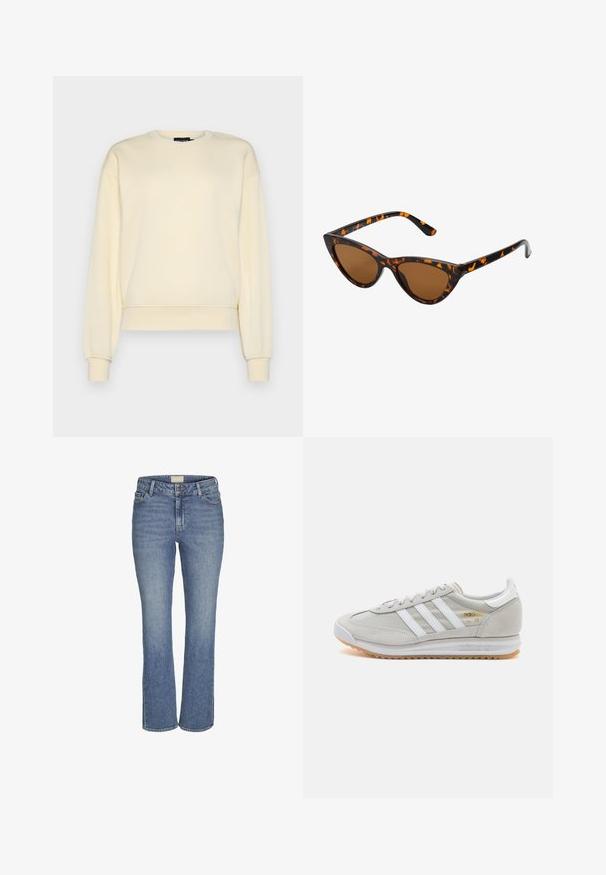 Vadderad beige parka med huva, featuring horisontella sömmar och sidofickor. Tygmaterialet har en jämn och mjuk textur.; Pieces PCCHILLI LOOSE - Sweatshirt - white pepper; Mörkblå raka jeans av denim med knapp- och dragkedjestängning fram, bälteslopp och fram- och bakfickor.; Ljusgrå sneaker i mocka och mesh, med tre vita ränder, rund tå och en sula av gummi. Guldlogotyp som accent vid snörningen.; Kattögon-solglasögon med en ram i svart och orange sköldpaddsmönster, bruna linser och smala, spetsiga tips. Har en minimalistisk logotyp på bågen.