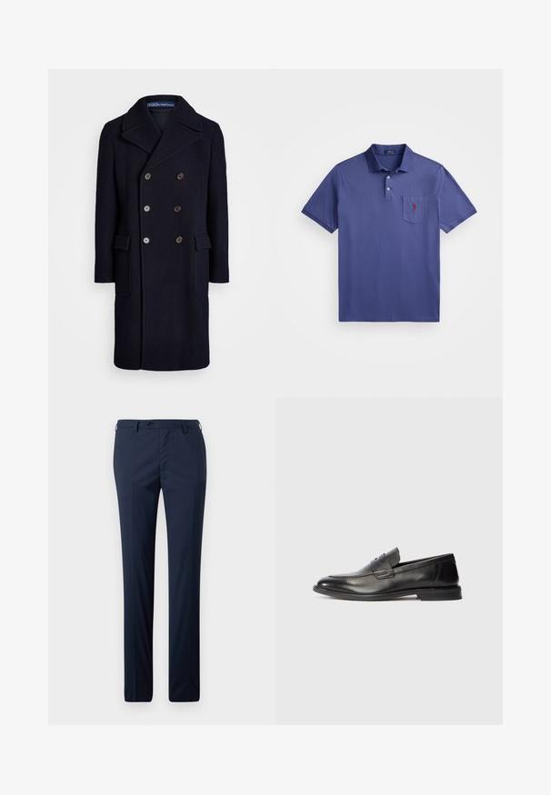 Mornarski vuna dvoredni kaput s velikim izrezanim reverima, prednjim dijelom s šest dugmadi i dva bočna džepa. Ima glatku, teksturiranu završnu obradu.; Ljubičasta polo majica izrađena od pamuka, s trodijelnim gumbima, kratkim rukavima i džepom na prsima s crvenim logotipom vezom.; Mornarske hlače ravnog kroja, s glatkom teksturom, jednim dugmetom za zatvaranje i petljama za remen za prilagođeni fit.; Muške crne kožne loafer cipele s niskom petom i horizontalnom trakicom preko vrha, prikazane sa strane na bijeloj pozadini.