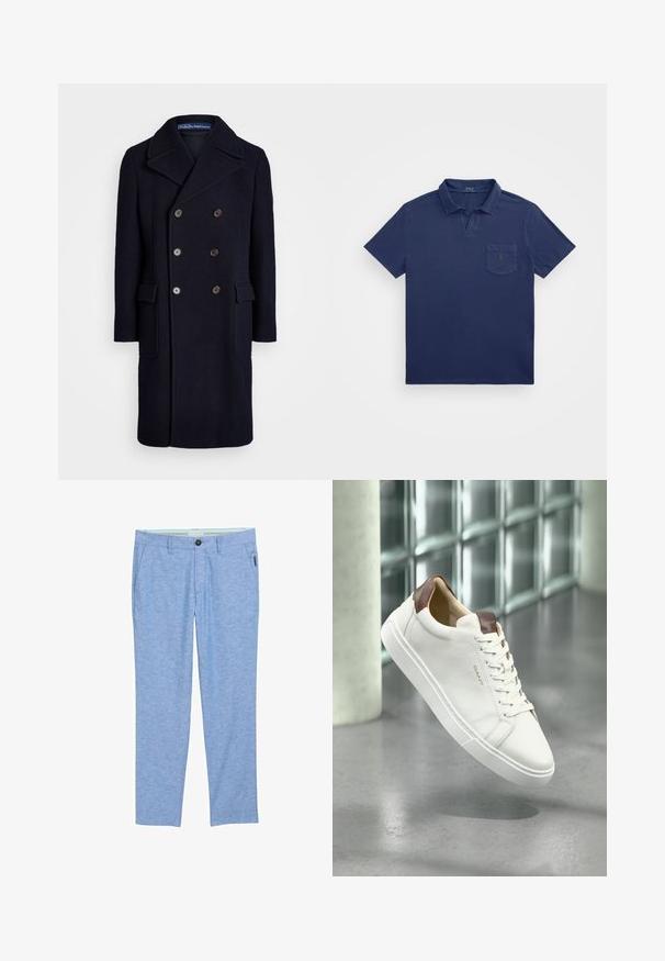 Jūras spēku zila vilnas dubultiem pogām mētelis ar lieliem izgriezumiem, sešiem pogu aizdari un divām sānu kabatām. Iespējas gluda, teksturēta apdare.; Tums zils polo krekls ar īsu apkakli, krūšu kabatu un izšuvumu. Izgatavots no mīkstas, teksturētas auduma.; Gai zili, strukturēti šorti, izgatavoti no auduma ar smalku heather rakstu. Iekļauj priekšējās kabatas, vienu aizmugurējo kabatu un pogu aizdari.; Baltās ādas sporta kurpes ar brūnu ādas papēža elementu, šņorējama dizaina, gumijas zole un iegravēts logo sānos. Gluda faktūra, minimālisma stils.