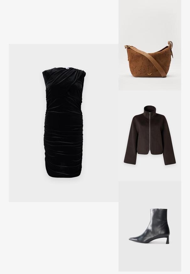 Juodas trumpas vilnonis džemperis su aukštu apykakle, visiškai užtraukiamas ir plačiomis rankovėmis, turintis minkštą tekstūrą ir glotnų paviršių.; Juodas aksominis suknelė su rankovėmis, drapiruotas dizainas ir susiraukšlėjusi tekstūra šonuose. iki kelių ilgio, lygus paviršius ir subtilus blizgesys.; Juodas odinis kulkšninis batas su smailiu pirštu ir elegantišku dizainu. Turi žemą kulną ir užtrauktuką gale. Lygi tekstūra.; Ruda suedes pečių rankinė su išsiuvinėtu gėlės dizainu, papildyta lygiu ruduo odos diržu ir auksinės spalvos detalėmis.