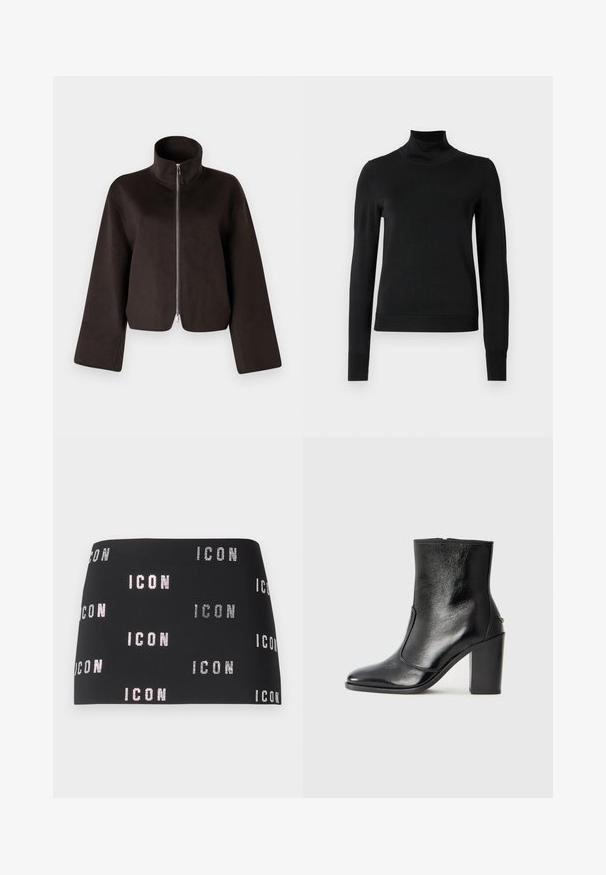 Veste en polaire noire coupée avec un col haut, fermeture éclair intégrale et manches larges, présentant une texture douce et une finition lisse.; Pull à col roulé noir à manches longues avec des poignets et un ourlet côtelés, présenté sur un fond blanc uni.; Mini-jupe noire avec un texte "ICON" scintillant en motif répétitif sur le tissu, texture lisse et design ajusté.; Bottine en cuir noir, avec une texture lisse, un bout pointu et un talon chunky haut. Présente une ouverture sur le côté et un design minimaliste.
