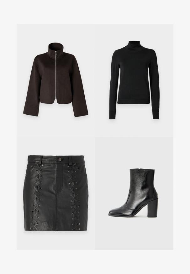 Zwarte cropped fleecejack met een hoge kraag, volle rits en brede mouwen, met een zachte textuur en een gladde afwerking.; Zwarte trui met lange mouwen en col, voorzien van geribde manchetten en zoom, weergegeven op een effen witte achtergrond.; Zwarte leren minirok met veterdetails aan de zijkanten met metalen oogjes, vijfzakontwerp en een aansluitende silhoeët.; Zwarte leren enkelboot met een gladde textuur, spitse neus en een gedurfde hoge hak. Beschikt over een zijopening en een minimalistisch ontwerp.