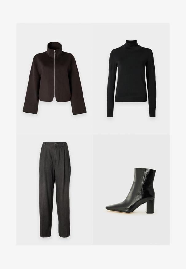 Czarna, skrócona bluza polarowa z wysokim kołnierzem, pełnym zamkiem i szerokimi rękawami, charakteryzująca się miękką teksturą i gładkim wykończeniem.; Czarny sweter z długim rękawem i stojącym kołnierzem, z prążkowanymi mankietami i dołem, zaprezentowany na białym tle.; Ciemnoszare dżinsy z wysokim stanem, plisami z przodu, prostymi nogawkami i pojedynczym zapięciem na guzik w pasie.; Czarne botki za kostkę wykonane z błyszczącej skóry, z wydłużonym noskiem i masywnym, kwadratowym obcasem. Posiadają gładką fakturę i minimalistyczny design.