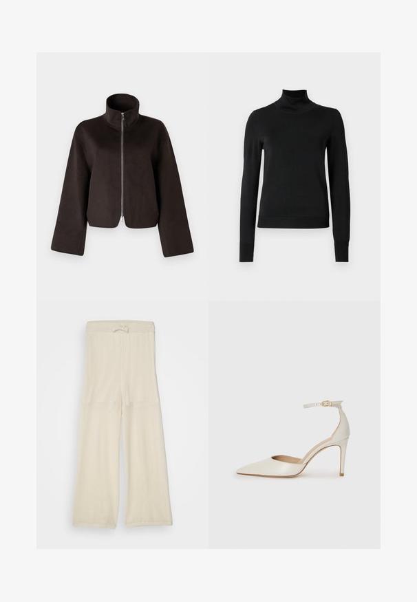 Zwarte cropped fleecejack met een hoge kraag, volle rits en brede mouwen, met een zachte textuur en een gladde afwerking.; Zwarte trui met lange mouwen en col, voorzien van geribde manchetten en zoom, weergegeven op een effen witte achtergrond.; Lichtbeige, mesh wijdbenige broek met een trekkoord in de taille, met een losse pasvorm en een textuur. Geschikt voor casual draag.; Witte leren hoge hak schoen met een spitse neus, enkelbandje en een slanke stiletto hiel. Gladde textuur met een subtiele glanzende afwerking.
