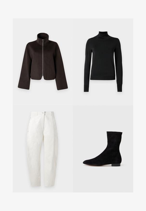 Črni kratki flis jakna z visokim ovratnikom, polnim zadrgo in širokimi rokavi, z mehkimi teksturami in gladkim zaključkom.; Črni pulover s dolgimi rokavi in vratnikom, z rebrastimi манжетами in robom, prikazan na enobarvni beli podlagi.; Bele bombažne hlače sproščene rezine, z gumbom za zapiranje, stranskimi žepi in subtilnimi šivi ob šivih.; Črne semiš gležnjarje z oblikovanim zgornjim delom, koničastim nosom in nizko blok peto. Gladka textura in minimalističen dizajn, primerna za vsestransko stiliziranje.