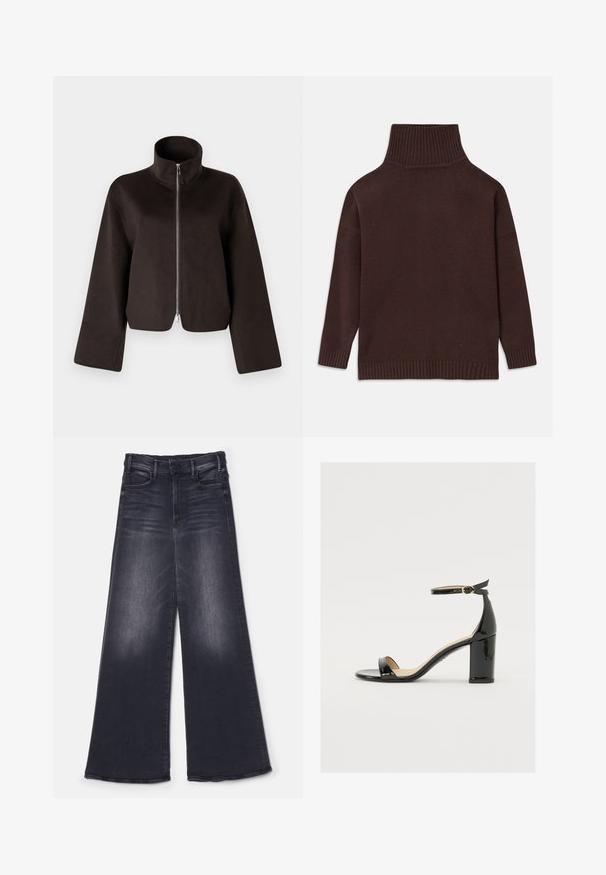 Mustat lyhyet fleecetakit, joissa on korkea kaulus, täysi vetskari ja leveät hihat. Takki on pehmeästä materiaalista ja siinä on sileä pinta.; Ruskea neulottu pooloneule, jossa on korkea ribattu kaulus, pudotetut olkapäät sekä ribatut hihansuut ja helma. Sileä pinta ja rento istuvuus.; Mother THE HUSTLER ROLLER SNEAK - Leveälahkeiset - not today satan; Mustat patenttinahtiset sandaalit, joissa on leveä korko, avoin varvas ja nilkkahihna, jossa on kultainen solki. Suora pinta ja tyylikäs muotoilu.