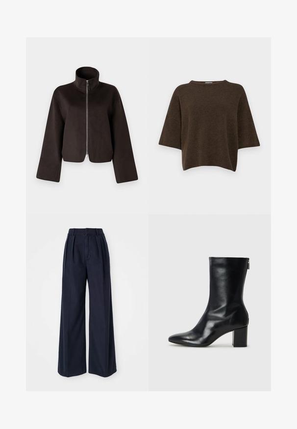 Črni kratki flis jakna z visokim ovratnikom, polnim zadrgo in širokimi rokavi, z mehkimi teksturami in gladkim zaključkom.; Filippa K TEE - Pulover - driftwood; Temno modri široki hlače iz bombaža, ki imajo nabore spredaj, visok pas in zadrgo s zapiranjem na gumb.; Črne usnjene gležnjarje s koničastim nosom in 4 cm širokim peto. Elegantna zasnova vsebuje stranski zadrgo za enostavno obuvanje. Gladka tekstura.
