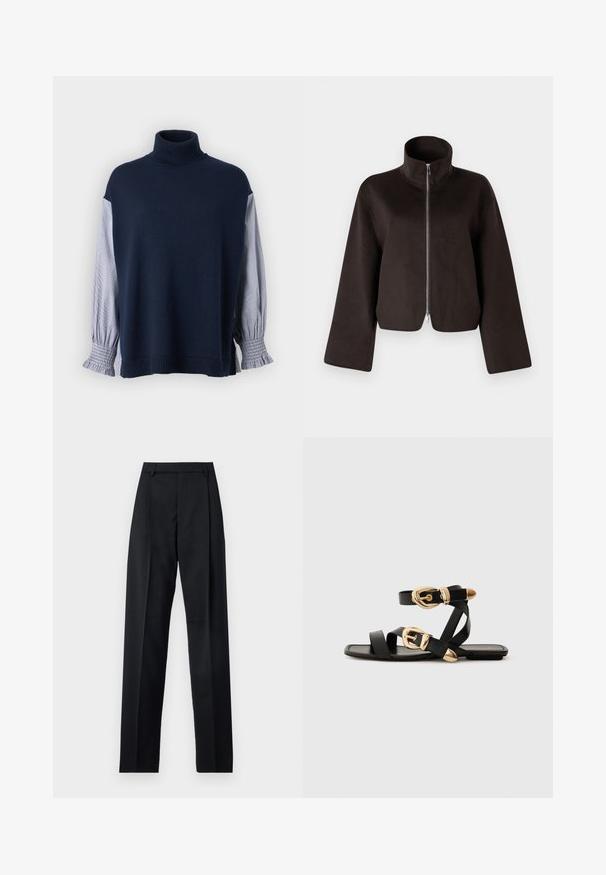 Černá zkrácená fleecová bunda s vysokým límcem, plným zipem a širokými rukávy, se soft povrchem a hladkým finišem.; Námořnický pletený svetr s vysokým límcem, zdobený pruhovanými rukávy a volánkovými manžetami. Měkká textura, volný střih a detaily švů.; Černé kalhoty vyrobené z hladké tkaniny, vybavené vysokým pasem, širokými nohavicemi, předními záhyby a klasickými poutky na opasek. Nejsou viditelné boční kapsy.; Černé kožené sandály s pozlacenými přezkami, s vícero popruhy a plochou podrážkou pro nošení s otevřenou špičkou.