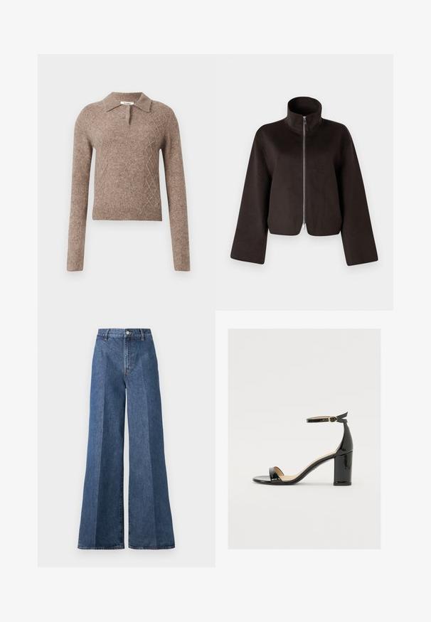 Juodas trumpas vilnonis džemperis su aukštu apykakle, visiškai užtraukiamas ir plačiomis rankovėmis, turintis minkštą tekstūrą ir glotnų paviršių.; Rudas vilnonis megztinis su apykakle, puoštais deimantų raštu ir ilgomis rankovėmis, baigtas įrištais rankogaliais ir apačioje.; Plačiai kirptos mėlynos džinsinės kelnės su aukštu liemeniu, su klasikinėmis penkių kišenių detalėmis ir sagos užsegimu, pagamintos iš tekstūruotos medvilnės audinio.; Juodas lakinės odos sandalai su plačiu kulnu, atvira koja ir kulkšnies juostele, turinčia auksinę sagtį. Lygi tekstūra ir elegantiškas dizainas.