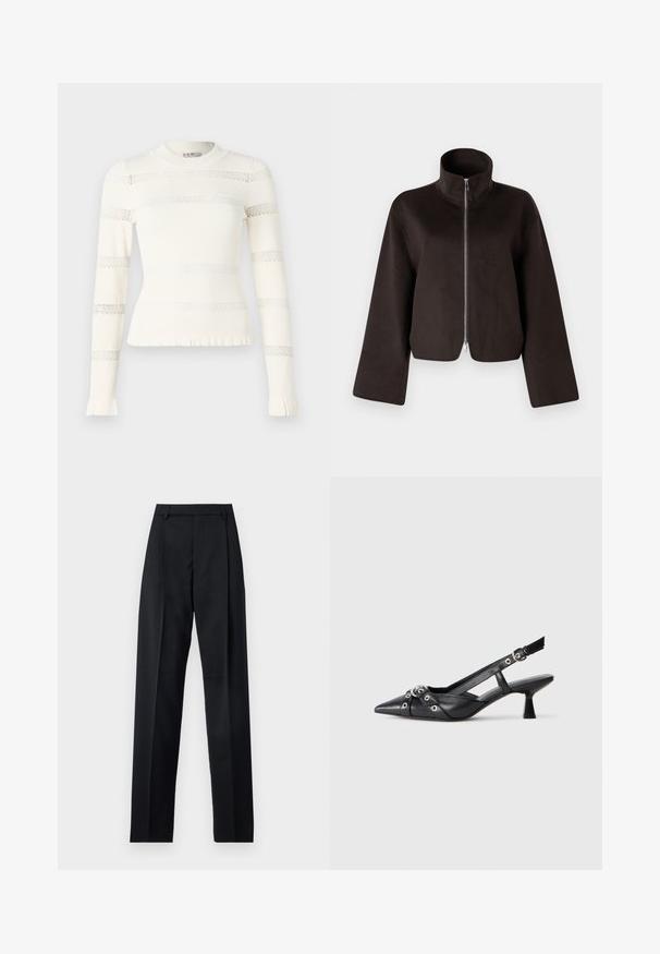 Must värvitud lühikeste varrukatega fliisjakid, millel on kõrge krae, täispikkus tõmblukk ja laiad varrukad, millel on pehme tekstuur ja sile viimistlus.; Kreem värvi pikad varrukad särk, millel on keha lõikega disain, horisontaalsed pitsi- ja soonikkoes mustrid ning volangiga ääred varrukatel.; Mustad püksid siledast kangast, millel on kõrge vöökoht, laiad jalad, esimesed kortsud ja klassikalised vööloopid. Küljepockets pole nähtavad.; Must must have must toote tõmblukuga, dekoratiivsed rihmad metallist silmadega ja madal blokk-kand. Tekstureeritud pind.