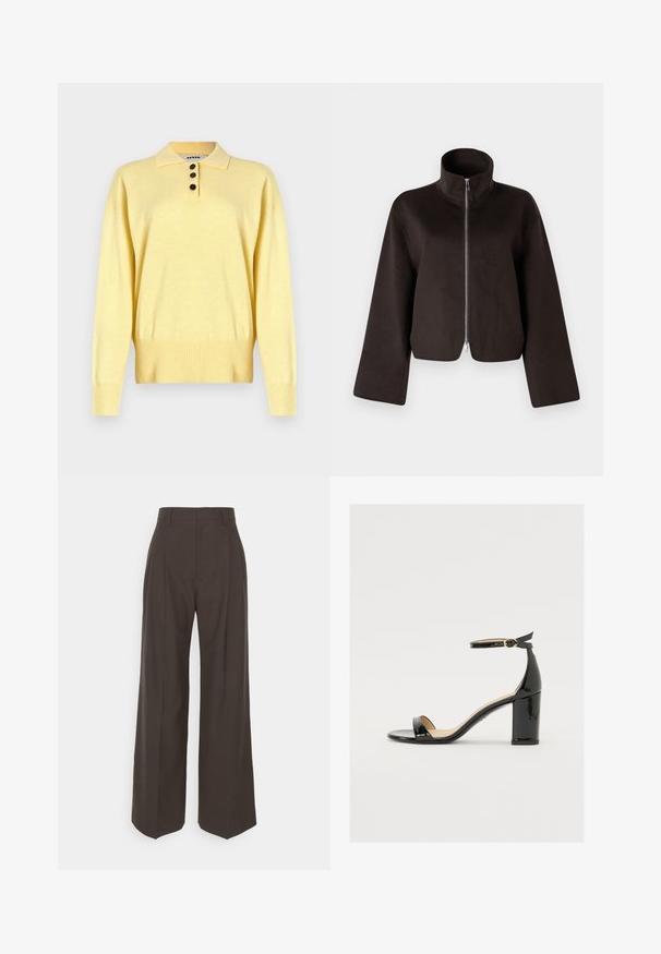 Juodas trumpas vilnonis džemperis su aukštu apykakle, visiškai užtraukiamas ir plačiomis rankovėmis, turintis minkštą tekstūrą ir glotnų paviršių.; Geltonas megztinis polo su apykakle, turintis tris tamsias mygtukus, raukšlėtą apačią ir ilgomis rankovėmis, pagamintas iš minkštos medžiagos.; Tamsiai rudos platėjančios kelnės su aukštu liemeniu, pasižyminčios tvarkingai prispaustomis raukšlėmis, lygia tekstūra ir pritaikytu siluetu.; Juodas lakinės odos sandalai su plačiu kulnu, atvira koja ir kulkšnies juostele, turinčia auksinę sagtį. Lygi tekstūra ir elegantiškas dizainas.