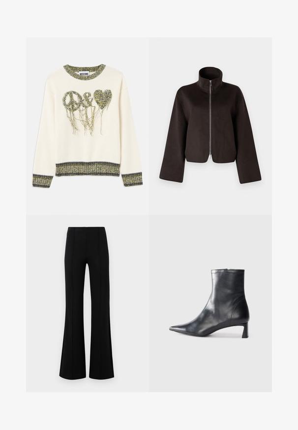 Črni kratki flis jakna z visokim ovratnikom, polnim zadrgo in širokimi rokavi, z mehkimi teksturami in gladkim zaključkom.; Kremasta pulover s textured zelenim prejo in oblikami "mir" ter srcem. Ima rebrast ovratnik in manšete s kontrastnimi temnimi akcenti.; Črne krilate hlače z visokim pasom, izdelane iz raztegljive tkanine. Imajo vertikalne šive na sprednji strani in gladko teksturo.; Črne usnjene gležnjarje s šiljastim nosom in elegantnim dizajnom. Imajo nizko peto in zadrgo na zadnji strani. Gladka tekstura.