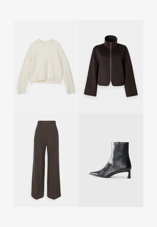 Crna skraćena flis jakna s visokim ovratnikom, punim patentnim zatvaračem i širokim rukavima, koja se odlikuje mekanom teksturom i glatkom površinom.; Vuna pulover u boji slonovače s okruglim izrezom, spuštenim ramenima i skraćenim donjim rubom. Mekana tekstura s labavim krojem.; Tamno smeđi hlače širokih nogavica s visokim strukom, s uredno peglanim naborima, glatkom teksturom i krojem koji dobro pristaje.; Crne kožne gležnjače s uskim vrhom i elegantnim dizajnom. Imaju niski potpetak i zatvaranje na patentni zatvarač straga. Glatka tekstura.