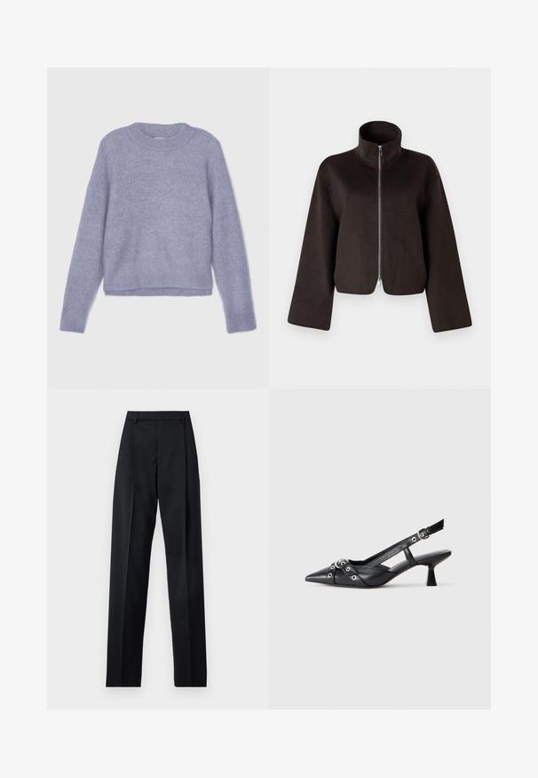 Melnas īsās vilnas jaka ar augstu apkakli, pilnu rāvējslēdzēju un plašām piedurknēm, ar mīkstu tekstūru un gludu apdari.; Filippa K FLUFFY - Džemperis - thunderstorm; Melnas bikses, izgatavotas no gludas auduma, ar augstu vidukli, platiem bikšu galdniekiem, priekšējiem krokām un klasiskām jostu cilpām. Sānu kabatas nav redzamas.; Melnas ādas šlipsveida kurpes ar norādītu purngalu, dekoratīvām joslām ar metāla acīm un zemu bloku papēdi. Teksturēta virsma.
