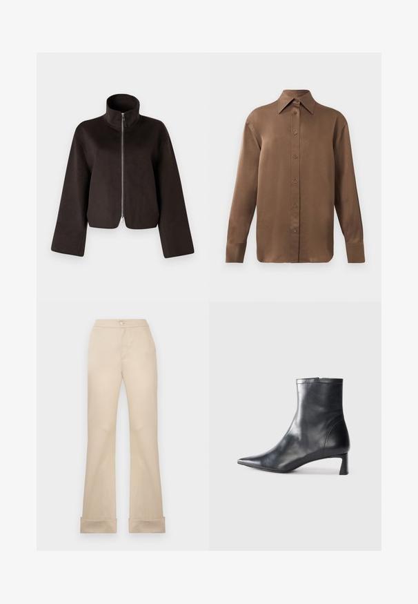 Melnas īsās vilnas jaka ar augstu apkakli, pilnu rāvējslēdzēju un plašām piedurknēm, ar mīkstu tekstūru un gludu apdari.; Brūns garās piedurknes pogājamais krekls ar norādītu apkakli un aprocēm, izlikts pret vienkāršu baltu fonu.; Beigā, augsta jostasvietas platās bikses ar priekšējo pogu aizdari, plakanu priekšpusi un rullētām apmalēm. Gluda tekstūra un pielāgota forma.; Melnas ādas potītes zābaki ar norādītu pirkstu un elegantu dizainu. Iezīmē zemu papēdi un rāvējslēdzēja aizdari aizmugurē. Gluda tekstūra.