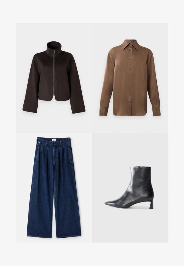 Černá zkrácená fleecová bunda s vysokým límcem, plným zipem a širokými rukávy, se soft povrchem a hladkým finišem.; Hnědá košile s dlouhým rukávem, zapínaná na knoflíky, s špičatým límcem a manžetami, vystavená na jednobarevném bílém pozadí.; Široké modré džínové kalhoty s plisem, vysokým pasem, předními kapsami a texturovaným povrchem. Tkanina je silná a robustní.; Černé kožené kotníkové boty s špičatou špičkou a elegantním designem. Mají nízký podpatek a zipové zapínání na zadní straně. Hladká textura.