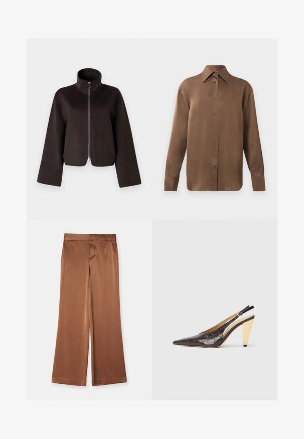 Zwarte cropped fleecejack met een hoge kraag, volle rits en brede mouwen, met een zachte textuur en een gladde afwerking.; Bruine overhemd met lange mouwen en knopen, voorzien van een spitse kraag en manchetten, op een eenvoudige witte achtergrond weergegeven.; Bruine wijde pantalons van satijn, met zijzakken, een gladde textuur en een op maat gemaakte tailleband voor een gestructureerde pasvorm.; Puntige slingback hak in donkerbruin glanzend faux krokodillenleer. Kenmerkt zich door een goudkleurige geometrische hak en een verstelbare enkelband.