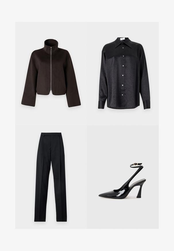 Melnas īsās vilnas jaka ar augstu apkakli, pilnu rāvējslēdzēju un plašām piedurknēm, ar mīkstu tekstūru un gludu apdari.; Melnas garām piedurknēm krekls ar apdari, kas piedāvā samocītu tekstūru, pilnu pogu priekšpusi un aproces. Izgatavots no gludas auduma.; Melnas bikses, izgatavotas no gludas auduma, ar augstu vidukli, platiem bikšu galdniekiem, priekšējiem krokām un klasiskām jostu cilpām. Sānu kabatas nav redzamas.; Melnas patentā ādas augstpapēžu kurpes ar norādītu purngalu, regulējamu potītes siksniņu un mērenu bloku papēdi. Gluda tekstūra ar spīdīgu apdari.