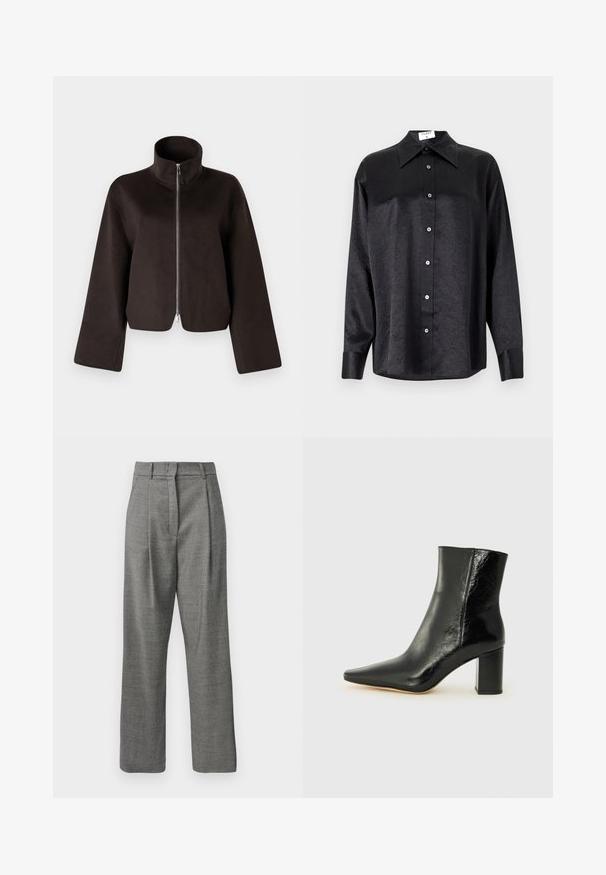 Veste en polaire noire coupée avec un col haut, fermeture éclair intégrale et manches larges, présentant une texture douce et une finition lisse.; Chemise noire à manches longues avec un col, présentant une texture froissée, une fermeture à boutons sur le devant et des poignets. Fabriquée en tissu lisse.; Pantalons gris taille haute avec un petit motif à carreaux, plis avant, passants de ceinture et jambes droites sur fond blanc.; Bottines noires en cuir brillant avec un nez pointu et un talon large et carré. Présente une texture lisse et un design minimaliste.