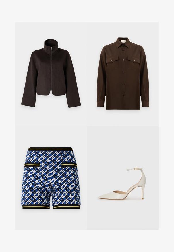 Czarna, skrócona bluza polarowa z wysokim kołnierzem, pełnym zamkiem i szerokimi rękawami, charakteryzująca się miękką teksturą i gładkim wykończeniem.; Ciemnobrązowa, długa koszula z guzikami, z dwiema kieszeniami na klatce piersiowej i klasycznym kołnierzykiem, zaprezentowana na jednolitym białym tle.; Krótkie spodenki dzianinowe z wzorem w niebiesko-czarną i białą geometrię, z kontrastowymi żółtymi akcentami oraz kieszeniami po bokach.; Białe skórzane szpilki z ostrym noskiem, paskiem wokół kostki i cienką szpilkową obcasem. Gładka faktura z subtelnym połyskiem.