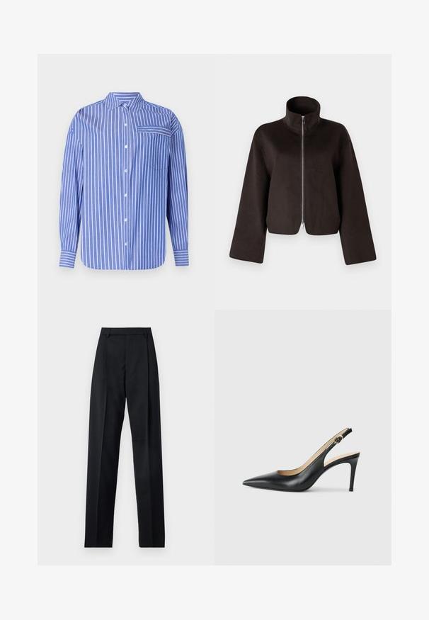 Veste en polaire noire coupée avec un col haut, fermeture éclair intégrale et manches larges, présentant une texture douce et une finition lisse.; Chemise à rayures bleues et blanches à col, à manches longues, avec une poche sur le devant et un ourlet légèrement arrondi. Fabriquée dans un tissu doux.; Pantalon noir en tissu lisse avec taille haute, jambes larges, plis à l'avant et passants de ceinture classiques. Pas de poches latérales visibles.; Escarpins en cuir noir avec une pointe fine, une bride ajustable et un talon aiguille élégant, présentant une finition lisse.