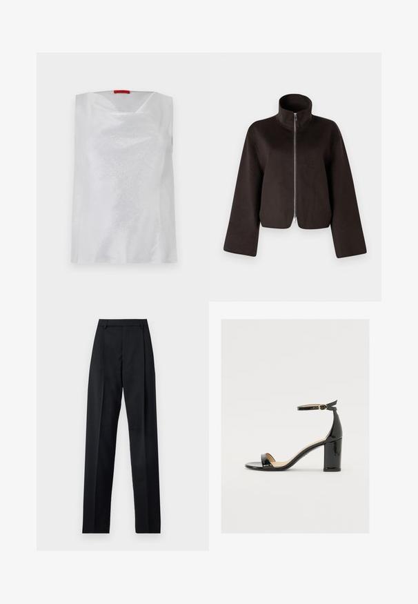 Must värvitud lühikeste varrukatega fliisjakid, millel on kõrge krae, täispikkus tõmblukk ja laiad varrukad, millel on pehme tekstuur ja sile viimistlus.; Valge ilma varrukateta tops, millel on peen läige, ruudukujuline kaelus ja lõtv istuvus. Valmistatud siledast kangast minimalistliku disainiga.; Mustad püksid siledast kangast, millel on kõrge vöökoht, laiad jalad, esimesed kortsud ja klassikalised vööloopid. Küljepockets pole nähtavad.; Must musta nahk sandaalid laia kanna, avatud varvaste ja ankletihaga, millel on kuldne pandla. Sile tekstuur ja elegantne disain.