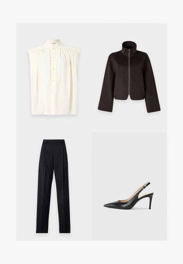 Čierna skrátená flísová bunda s vysokým golierom, plným zipsom a širokými rukávmi, ktorá sa vyznačuje mäkkou textúrou a hladkou povrchovou úpravou.; Krémová bezrukávová blúzka s vysokým golierom, zapínaním na gombíky a nariasením na pleciach. Hladký textilný povrch.; Čierne nohavice vyrobené z hladkej látky s vysokým pásom, širokými nohavicami, prednými záhybmi a klasickými pútkami na opasok. Žiadne bočné vrecká nie sú viditeľné.; Čierne kožené lodičky na odkryté päte s špicatou špičkou, nastaviteľným pásikom a elegantným ihlovým podpätkom, s hladkým povrchom.