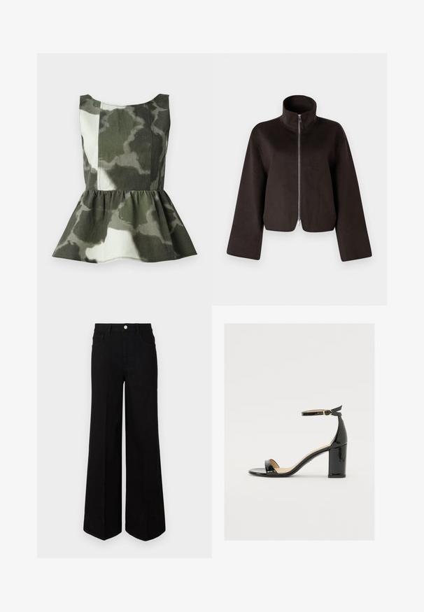Black cropped fleece jacket with a high collar, full zip, and wide sleeves, featuring a soft texture and smooth finish.; Peplum top made of camo-patterned fabric in green and beige tones, featuring a fitted bodice and a flared ruffled hem.; Black wide-leg jeans made of sturdy fabric, featuring a high waist, front pockets, and a front button closure. Flat hem at the bottom.; Black patent leather sandal with a wide heel, open toe, and ankle strap featuring a gold buckle. Smooth texture and sleek design.