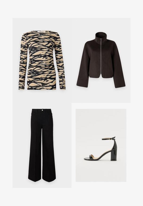 Černá zkrácená fleecová bunda s vysokým límcem, plným zipem a širokými rukávy, se soft povrchem a hladkým finišem.; Dlouhý rukáv s černým a béžovým abstraktním vlnitým vzorem na hladkém, elastickém materiálu. Přiléhavý střih s kulatým výstřihem a štíhlými rukávy.; Černé široké džíny vyrobené z pevné látky, s vysokým pasem, předními kapsami a zapínáním na knoflík. Rovný lem na spodním okraji.; Černé lakované sandály s širokým podpatkem, otevřenou špičkou a řemínkem kolem kotníku se zlatou sponou. Hladký povrch a elegantní design.