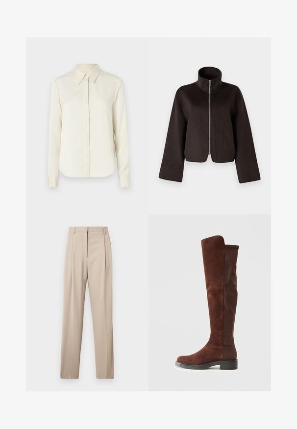Black cropped fleece jacket with a high collar, full zip, and wide sleeves, featuring a soft texture and smooth finish.; Tiger of Sweden CELSA - Button-down blouse - ivory white; Beige tailored trousers with a straight leg, featuring pleats at the front and belt loops, made from a smooth fabric.; Tall brown suede and fabric boot with low black heel and rounded toe, shown in side view on plain white background.