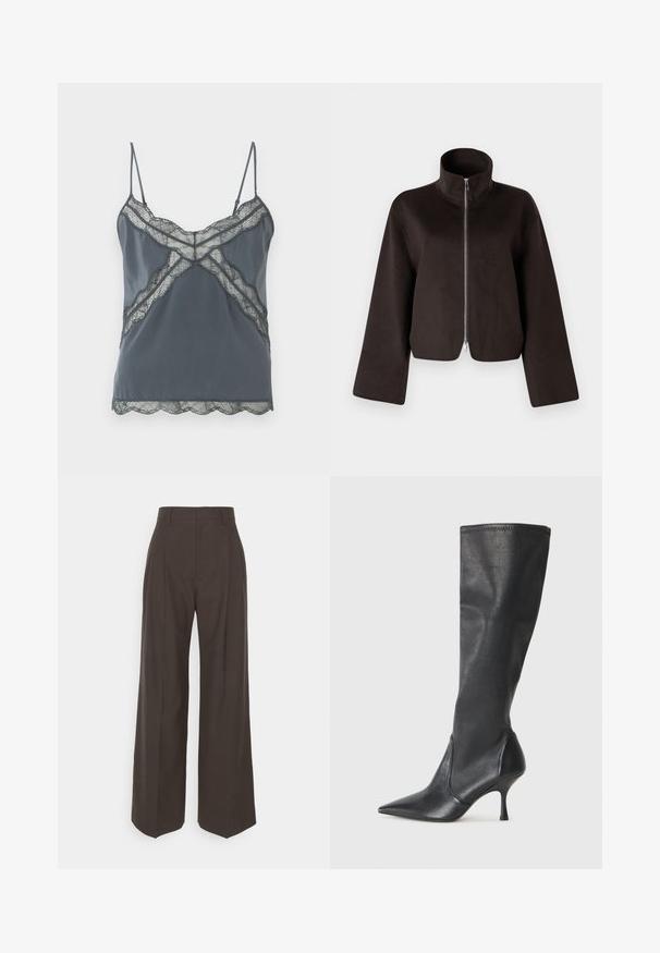 Giacca in felpa nera cropped con colletto alto, zip a tutta lunghezza e maniche larghe, caratterizzata da una texture morbida e una finitura liscia.; Canotta grigio scuro con spalline sottili regolabili, dettagli in pizzo lungo il collo e l'orlo, tessuto liscio e bordi ondulati.; Pantaloni ampi marrone scuro con vita alta, caratterizzati da pieghe ben stirate, una texture liscia e una vestibilità su misura.; Stivali neri in pelle al ginocchio con punta affusolata e tacco a stiletto sottile. Texture liscia con design aderente e cuciture lungo il bordo superiore.