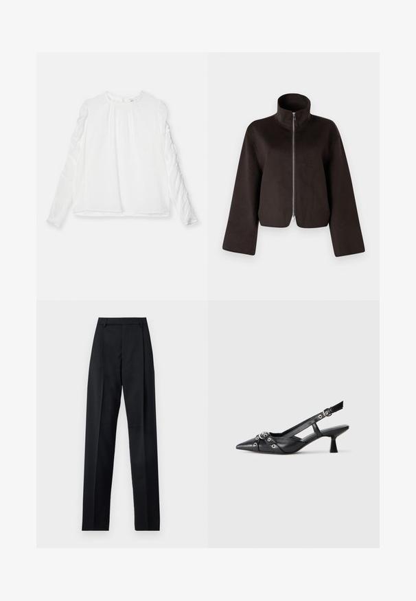 Giacca in felpa nera cropped con colletto alto, zip a tutta lunghezza e maniche larghe, caratterizzata da una texture morbida e una finitura liscia.; Maglietta bianca a maniche lunghe con scollatura rotonda e dettagli arricciati sulle maniche. Realizzata in tessuto leggero con una vestibilità fluida.; Pantaloni neri realizzati in tessuto morbido, caratterizzati da vita alta, gambe larghe, pince frontali e classiche passanti per cintura. Non ci sono tasche laterali visibili.; Scarpa slingback nera in pelle con punta affusolata, cinturini decorativi con occhielli metallici e tacco basso a blocco. Superficie testurizzata.