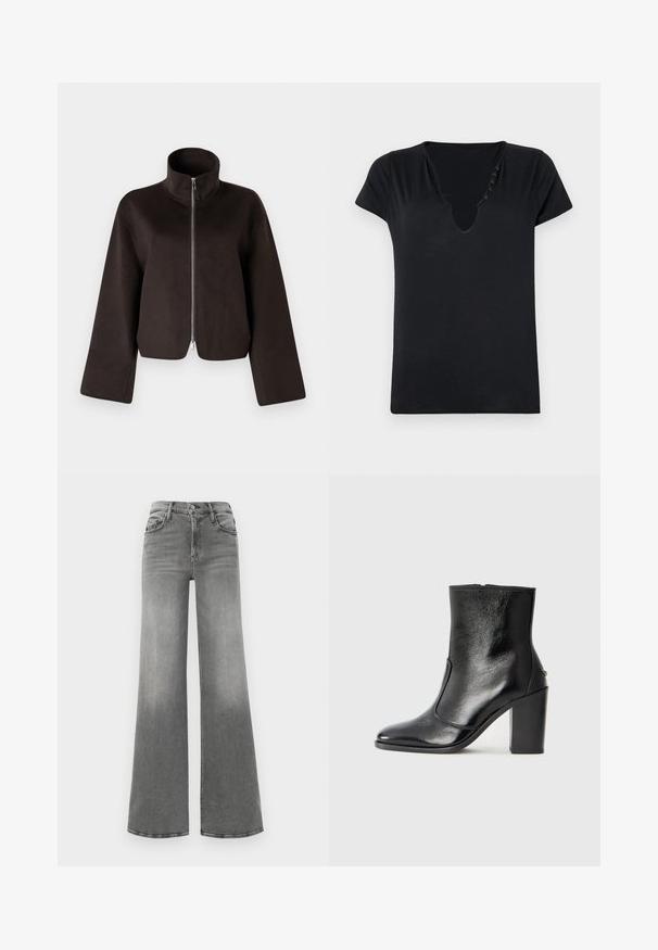 Chaqueta de forro polar negra recortada con un alto cuello, cremallera completa y mangas amplias, que presenta una textura suave y un acabado liso.; Camiseta negra de manga corta con un escote en V profundo y cinco botones decorativos a lo largo del cuello. Tejido suave con un ajuste relajado.; Vaqueros de pierna ancha gris hechos de denim. Presenta una cintura alta, cuatro bolsillos y un ligero efecto de decoloración en la parte delantera para añadir textura.; Botín negro de cuero con textura suave, puntera puntiaguda y un tacón alto y robusto. Presenta una apertura lateral y un diseño minimalista.