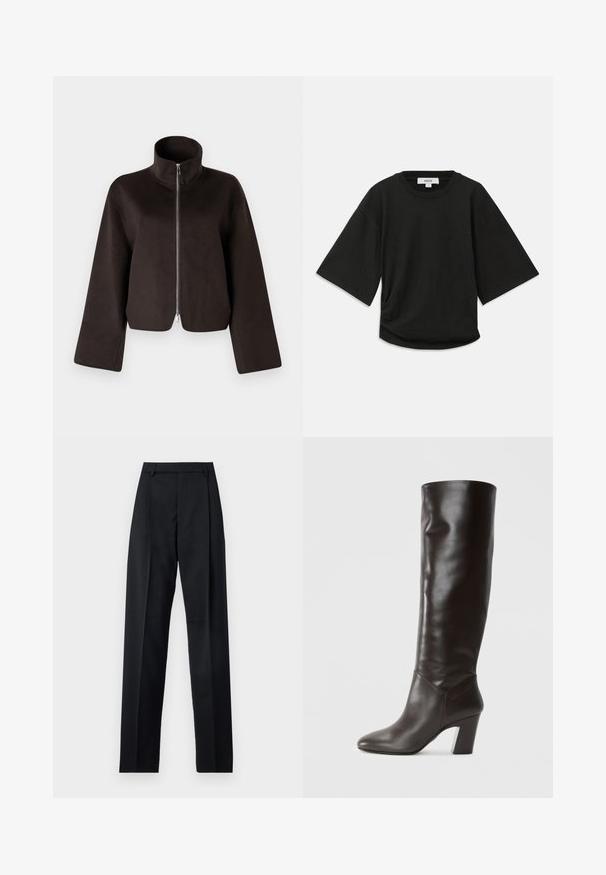 Veste en polaire noire coupée avec un col haut, fermeture éclair intégrale et manches larges, présentant une texture douce et une finition lisse.; T-shirt noir à manches courtes en coton doux, avec un col rond et une coupe décontractée, présentant un discret détail froncé sur le côté.; Pantalon noir en tissu lisse avec taille haute, jambes larges, plis à l'avant et passants de ceinture classiques. Pas de poches latérales visibles.; Bottes en cuir brun foncé, montantes jusqu'aux genoux, avec une texture lisse, un bout pointu et un talon épais. Présente des détails de marque sur le côté.