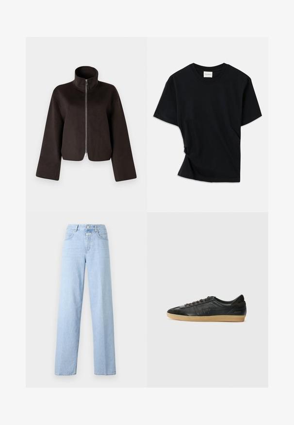 Jachetă scurtă din fleece neagră, cu guler înalt, fermoar complet și mâneci largi, având o textură moale și o finisare netedă.; Tricou negru din bumbac moale, cu guler rotund, mâneci scurte și un design ușor răsucit pentru o potrivire confortabilă.; Jeans de culoare albastru deschis, cu talie înaltă și croială dreaptă. Fabricate din denim, au cinci buzunare și închidere frontală cu buton. Design minimalist.; Adidași negri din piele cu accente din suede, vârf rotund, talpă din cauciuc natural, șireturi plate și detalii cusute. Prezintă logo-ul mărcii pe călcâi.