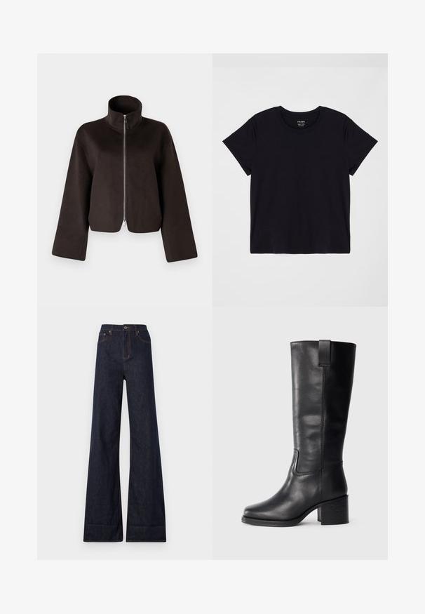 Must värvitud lühikeste varrukatega fliisjakid, millel on kõrge krae, täispikkus tõmblukk ja laiad varrukad, millel on pehme tekstuur ja sile viimistlus.; Lühikeste varrukatega must T-särk, mis on valmistatud pehmest puuvillast. Klassikaline ümmargune kaelus, lihtsa ja ilma kaunistusteta pind ning mugav lõige.; Ksubi STRIDER CUFF ORIGINAL - Wide leg - blue denim; Musthave mustad nahktoodete bikiinibootid, millel on sile pind, ruudukujuline varvas, plokk-kand ja külgmine tõmbeaas, minimaalse õmblusega detailid.