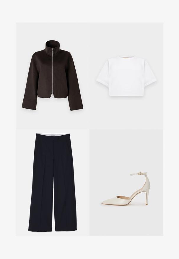 Black cropped fleece jacket with a high collar, full zip, and wide sleeves, featuring a soft texture and smooth finish.; Cropped white t-shirt made of soft fabric, featuring short sleeves, a round neckline, and ribbed hem details. Simple and unembellished design.; Navy wide-leg trousers in a smooth, lightweight fabric. Features front pockets and a tailored waistband with a clean design.; White leather high-heeled shoe with a pointed toe, ankle strap, and a slim stiletto heel. Smooth texture with subtle glossy finish.