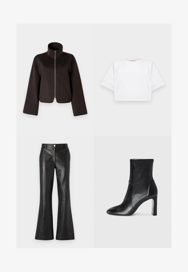 Jaqueta de fleece preta, cropped, com colarinho alto, fecho total e mangas largas, apresentando uma textura suave e um acabamento liso.; T-shirt branca corta, feita de tecido macio, apresentando mangas curtas, um decote redondo e detalhes de bainha canelada. Design simples e despretensioso.; Calças flare de couro preto com uma textura suave, apresentando um fecho frontal com zipper e um botão metálico. Linhas limpas com detalhes mínimos.; Bota de tornozelo em couro preto com um design elegante, bico pontudo e um alto salto bloco. Apresenta uma textura suave e um detalhe de costura minimalista.