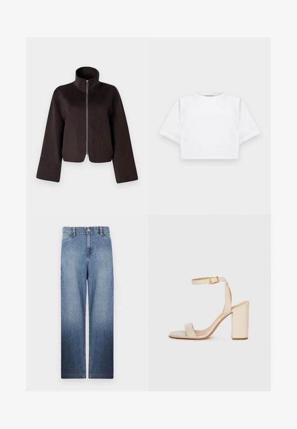 Mustat lyhyet fleecetakit, joissa on korkea kaulus, täysi vetskari ja leveät hihat. Takki on pehmeästä materiaalista ja siinä on sileä pinta.; Lyhythihainen valkoinen t-paita pehmeää kangasta, jossa on pyöreä pääntie ja ribbireunat. Yksinkertainen ja ilman koristeita oleva malli.; Vaaleansiniset suorat farkut, joissa on haalistum effect, viisi taskua ja metallinen napin kiinnitys vyötäröllä.; Beige sandaalit korkealla korolla, jossa on neliömäinen varvas, ohut nilkkaremmi ja paksu korko. Silkkinen nahkapinta kultaisella soljella.