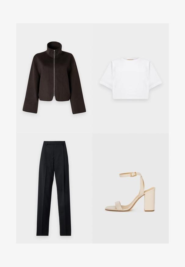 Schwarze, kurz geschnittene Fleecejacke mit hohem Kragen, vollem Reißverschluss und weiten Ärmeln, ausgestattet mit einer weichen Textur und glatter Oberfläche.; Beschnittenes weißes T-Shirt aus weichem Stoff, mit kurzen Ärmeln, rundem Halsausschnitt und gerippten Saumdetails. Einfaches und schnörkelloses Design.; Schwarze Hosen aus glattem Stoff mit hoher Taille, weitem Bein, vorderen Falten und klassischen Gürtelschlaufen. Keine sichtbaren Seitentaschen.; Beige High Heel Sandale mit quadratischer Zehenform, dünnem Knöchelriemen und Blockabsatz. Glatte Lederstruktur mit goldener Schnallendetail.
