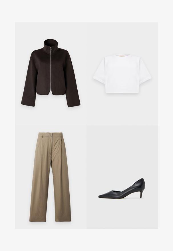 Crna skraćena flis jakna s visokim ovratnikom, punim patentnim zatvaračem i širokim rukavima, koja se odlikuje mekanom teksturom i glatkom površinom.; Skraćena bijela majica od mekog materijala, s kratkim rukavima, okruglim izrezom i rebrastim detaljima na rubu. Jednostavan i neukrašen dizajn.; Maslinaste široke hlače od mješavine pamuka, s kopčanjem na gumb, bočnim džepovima i glatkom teksturom s suptilnim sjajem.; Crna kožna cipela s vrhom u špic i niskom petom. Ima glatku teksturu i suptilan sjaj. Prednji dio je otvoren za dodatni detalj.