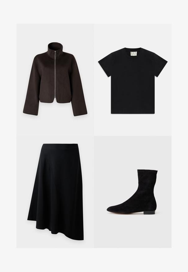 Melnas īsās vilnas jaka ar augstu apkakli, pilnu rāvējslēdzēju un plašām piedurknēm, ar mīkstu tekstūru un gludu apdari.; Melns īsām piedurknēm kreklus ar balto uzlīmi iekšā apkaklītē, kas apzīmēta ar "D.R.C. EST. 2002" uz baltas fona.; Melna A formas svārki, izgatavoti no gludas materiāla, ar diagonālu šuvju detaļu un plūstošu dizainu, kas viegli krīt pie apakšmalas.; Melnas zamšādas potīšu zābaki ar piegulošu kāju daļu, smailu purngalu un zemu bloku papēdi. Gluda tekstūra un minimālistisks dizains, piemērots dažādai stilizācijai.