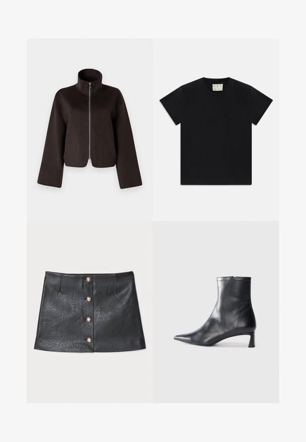 Jachetă scurtă din fleece neagră, cu guler înalt, fermoar complet și mâneci largi, având o textură moale și o finisare netedă.; Tricou negru cu mânecă scurtă și guler rotund, având un etichetă albă în interiorul gulerului, inscripționată cu "D.R.C. EST. 2002" pe un fundal alb.; Fustă mini din piele neagră, cu un design elegant, închidere frontală cu buton și accente aurii, și o suprafață texturată cu o strălucire subtilă.; Cizmă de gleznă din piele neagră cu vârf ascuțit și un design elegant. Dispune de un toc mic și de o închidere cu fermoar la spate. Textură netedă.