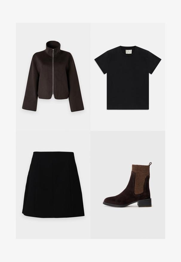 Giacca in felpa nera cropped con colletto alto, zip a tutta lunghezza e maniche larghe, caratterizzata da una texture morbida e una finitura liscia.; Maglietta nera a maniche corte con collo rotondo e un'etichetta bianca all'interno del colletto con la scritta "D.R.C. EST. 2002" su sfondo bianco.; Gonna mini nera con una silhouette strutturata, caratterizzata da cuciture frontali e tasche laterali, realizzata in un tessuto morbido e leggero.; Stivale alla caviglia in suede marrone con parte superiore a maglia rigata marrone testurizzata, finitura liscia, tacco basso a blocco e linguetta sul tallone per facilitare l'indossamento.