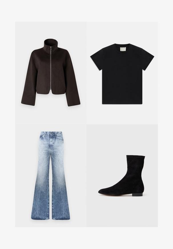 Must värvitud lühikeste varrukatega fliisjakid, millel on kõrge krae, täispikkus tõmblukk ja laiad varrukad, millel on pehme tekstuur ja sile viimistlus.; Must valge lühikeste varrukatega T-särk ümarast kaelusest mustal taustal, mille krae sees on valge silt, kus on kirjas "D.R.C. EST. 2002".; Kulunud sinised denimist laienevad teksad kõrge vöökohaga, nupu kinnitusega, viie taskuga ja kulumiseefektiga.; Musthave mustan nahast pahkluu saabas, millel on kitsas vars, terav nina ja madal plokk-konts. Pehme tekstuur ja minimalistlik disain, sobib mitmekesiseks stiliseerimiseks.