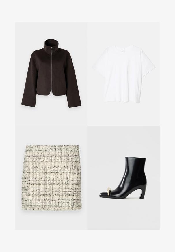 Czarna, skrócona bluza polarowa z wysokim kołnierzem, pełnym zamkiem i szerokimi rękawami, charakteryzująca się miękką teksturą i gładkim wykończeniem.; Biała bawełniana koszulka z krótkim rękawem, okrągłym dekoltem, luźnym krojem i przeszytym brzegiem. Metka widoczna wewnątrz dekoltu.; Mini spódnica w odcieniach kremu i czerni, z teksturowanym wzorem, o prostym kroju i frędzlami u dołu jako detal.; Czarne botki za kostkę wykonane z połyskującej skóry, z noskiem w kształcie szpica i dekoracyjnym złotym oraz srebrnym akcentem z przodu. Projekt słupkowego obcasa.